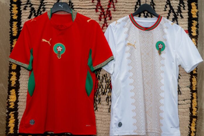 The kit keeps Morocco’s red and white colours, with design details inspired by the country’s heritage. Puma used both Arabic and Amazigh