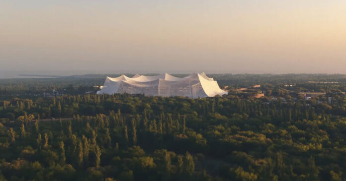 Work continues on the Grand Stade Hassan II, the flagship venue planned for the FIFA World Cup in 2030.