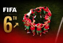 Morocco climb to sixth in latest FIFA rankings **Edited prompt (adapted to the FIFA rankings news angle):** Create a high-quality editorial sports news cover image with a premium international magazine aesthetic. Use **only the attached Morocco national team image**. Do not introduce any AI-generated players, backgrounds, or additional imagery. **Critical preservation instructions:** * Do **not** regenerate, modify, retouch, or alter any player, coach, or person in the image. * Do **not** change facial features, expressions, skin tones, hair, uniforms, or body proportions. * Do **not** enhance, recolour, or correct the original image colours. * Use the attached image exactly as provided while preserving every authentic detail. Present the Morocco national team in a powerful, clean editorial composition that conveys prestige, achievement, and international recognition after reaching the **2026 FIFA World Cup quarter-finals** and climbing to **6th in the FIFA Men's World Rankings**. Integrate a **large, elegant "6th"** into the composition using premium editorial typography. Position it naturally so it complements the image without covering key faces or important details. Place the **official FIFA logo** beside or above the ranking in a refined, professional manner. Add a subtle **upward movement icon (↗ or upward arrow)** next to the ranking to visually communicate Morocco's rise in the standings. The icon should feel sophisticated and understated rather than flashy. Apply a **soft red gradient overlay** across the bottom of the image, fading upward gently without obscuring the players. The gradient should add depth and create space for headlines while reinforcing Morocco's national colours. Style: premium editorial sports cover similar to a world-class publication such as *The Athletic*, *L'Équipe*, *BBC Sport*, or *The New York Times Sports*. Clean composition, subtle cinematic lighting, high contrast, realistic textures, slight dark vignette around the edges, and a polished, award-winning graphic design aesthetic. Morocco climb to sixth in latest FIFA rankings