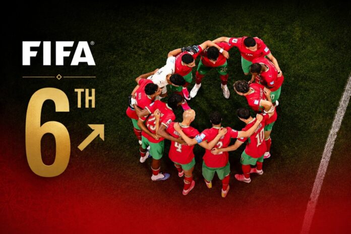 Morocco climb to sixth in latest FIFA rankings **Edited prompt (adapted to the FIFA rankings news angle):** Create a high-quality editorial sports news cover image with a premium international magazine aesthetic. Use **only the attached Morocco national team image**. Do not introduce any AI-generated players, backgrounds, or additional imagery. **Critical preservation instructions:** * Do **not** regenerate, modify, retouch, or alter any player, coach, or person in the image. * Do **not** change facial features, expressions, skin tones, hair, uniforms, or body proportions. * Do **not** enhance, recolour, or correct the original image colours. * Use the attached image exactly as provided while preserving every authentic detail. Present the Morocco national team in a powerful, clean editorial composition that conveys prestige, achievement, and international recognition after reaching the **2026 FIFA World Cup quarter-finals** and climbing to **6th in the FIFA Men's World Rankings**. Integrate a **large, elegant "6th"** into the composition using premium editorial typography. Position it naturally so it complements the image without covering key faces or important details. Place the **official FIFA logo** beside or above the ranking in a refined, professional manner. Add a subtle **upward movement icon (↗ or upward arrow)** next to the ranking to visually communicate Morocco's rise in the standings. The icon should feel sophisticated and understated rather than flashy. Apply a **soft red gradient overlay** across the bottom of the image, fading upward gently without obscuring the players. The gradient should add depth and create space for headlines while reinforcing Morocco's national colours. Style: premium editorial sports cover similar to a world-class publication such as *The Athletic*, *L'Équipe*, *BBC Sport*, or *The New York Times Sports*. Clean composition, subtle cinematic lighting, high contrast, realistic textures, slight dark vignette around the edges, and a polished, award-winning graphic design aesthetic. Morocco climb to sixth in latest FIFA rankings