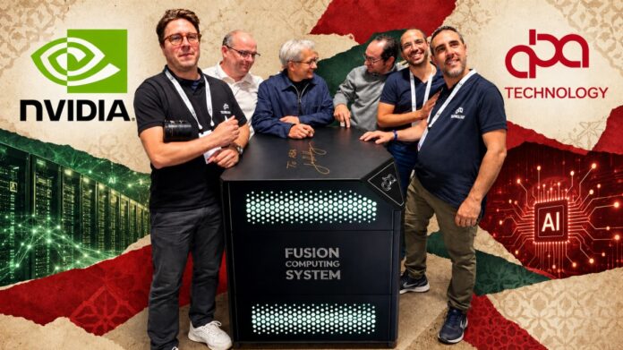 Moroccan tech firm ABA Technology presents its Fusion AI In-a-Box platform to Nvidia chief Jensen Huang at GTC Berlin 2026.
